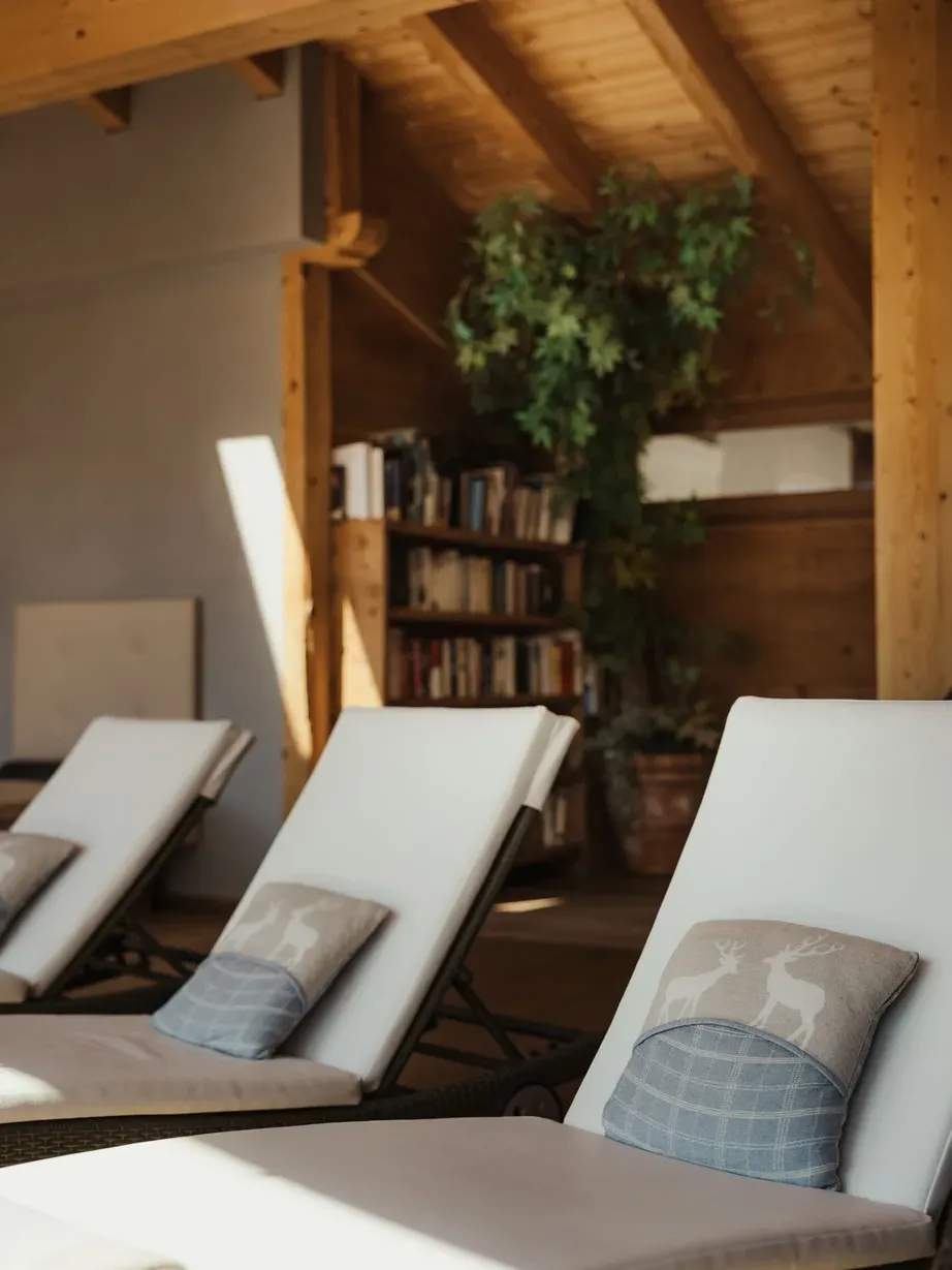 Interno dell'Hotel Gran Ander, Badia: poltrone a sdraio bianche con cuscini renna e tartan blu, libreria, grande pianta e travi di legno, luce solare.