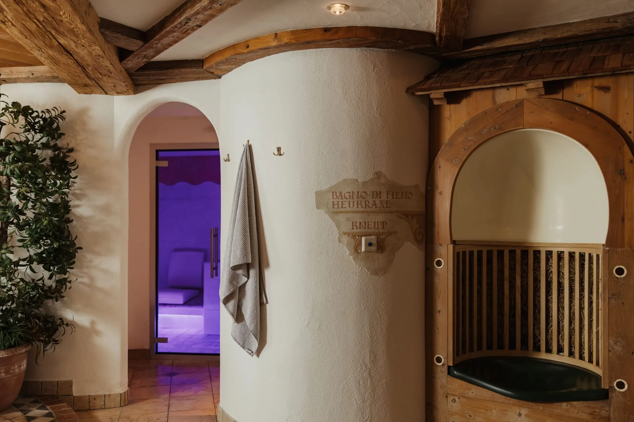 Interno dell'Hotel Gran Ander, Badia (Alta Badia, Dolomiti): travi in legno, pilastro bianco, sauna in legno a destra, asciugamano appeso, pianta; luce viola.