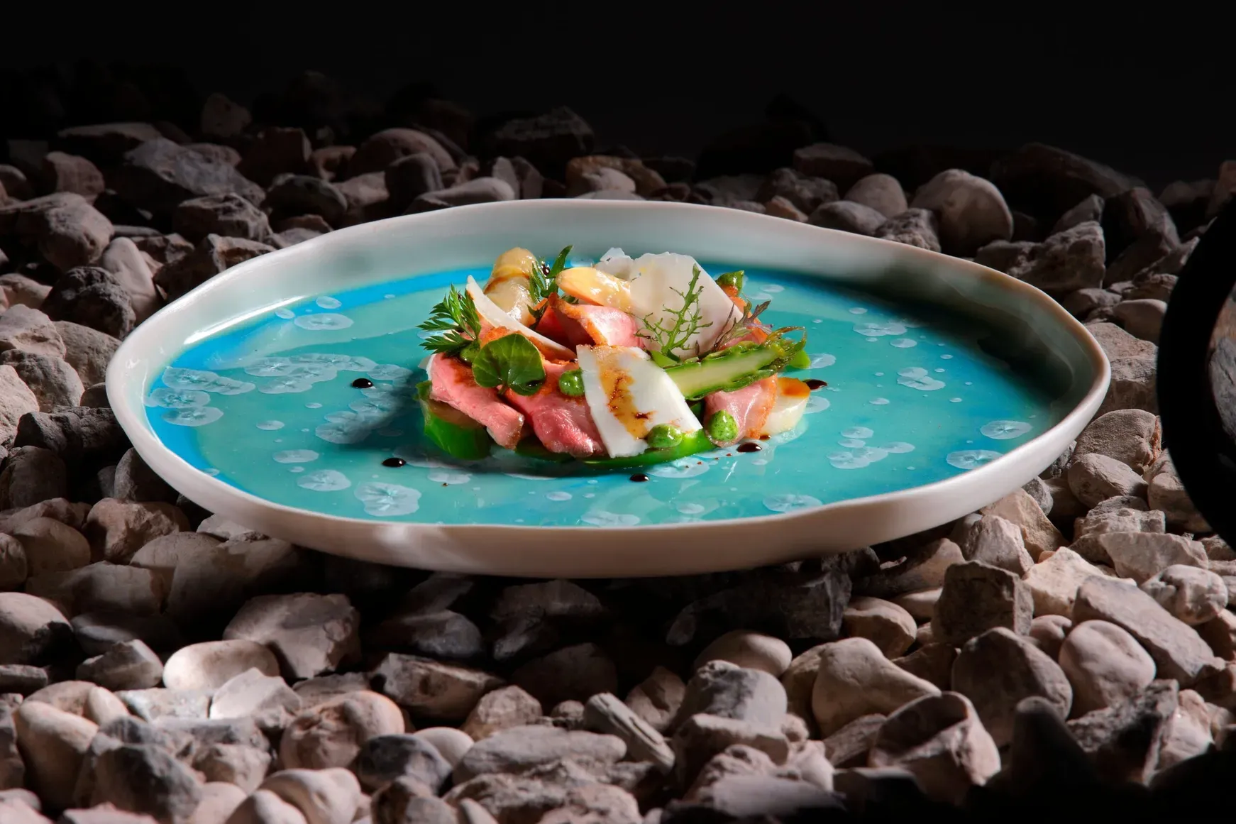 Flache weiße Platte mit Garnitur aus Fisch, Gemüse und Kräutern in türkis-blauem Untergrund, auf Kieselsteinen im Freien.