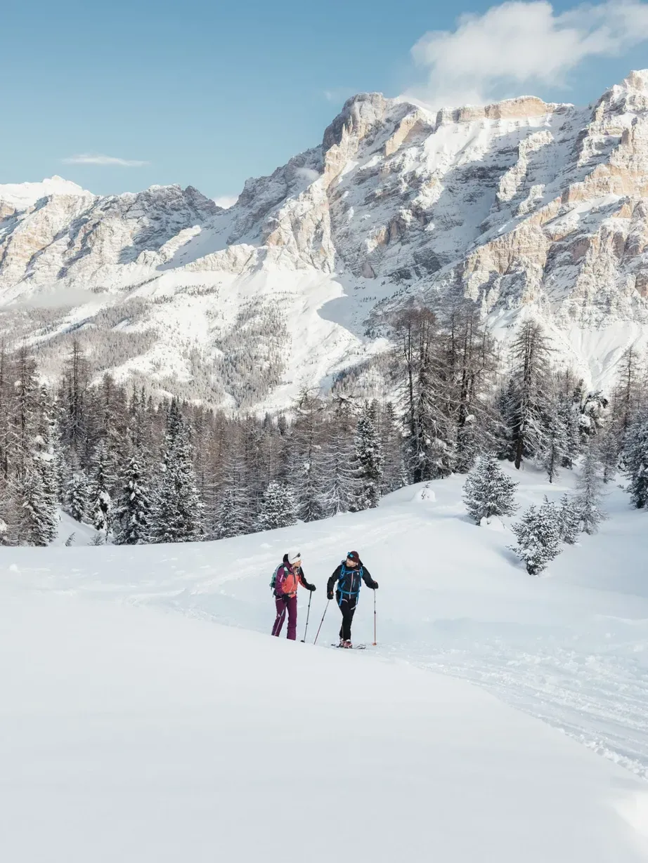 Zwei Skifahrer in bunter Kleidung bewegen sich mit Skistöcken durch eine verschneite Wiese, umgeben von schneebedeckten Tannen, mit den Dolomiten im Hintergrund und blauem Himmel.