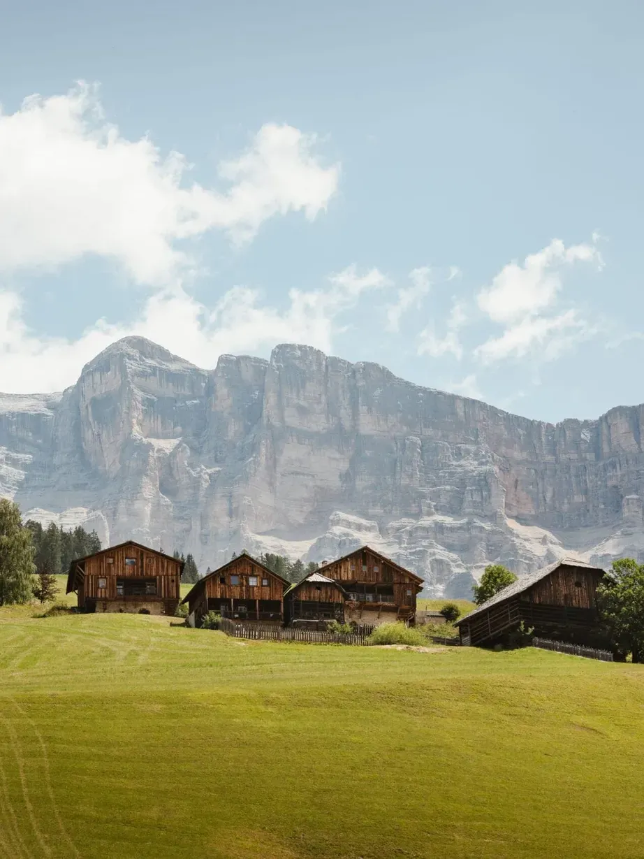Green hillside with a line of wooden alpine huts, trees to the left, and the rugged Dolomite mountains under a blue sky with scattered clouds.