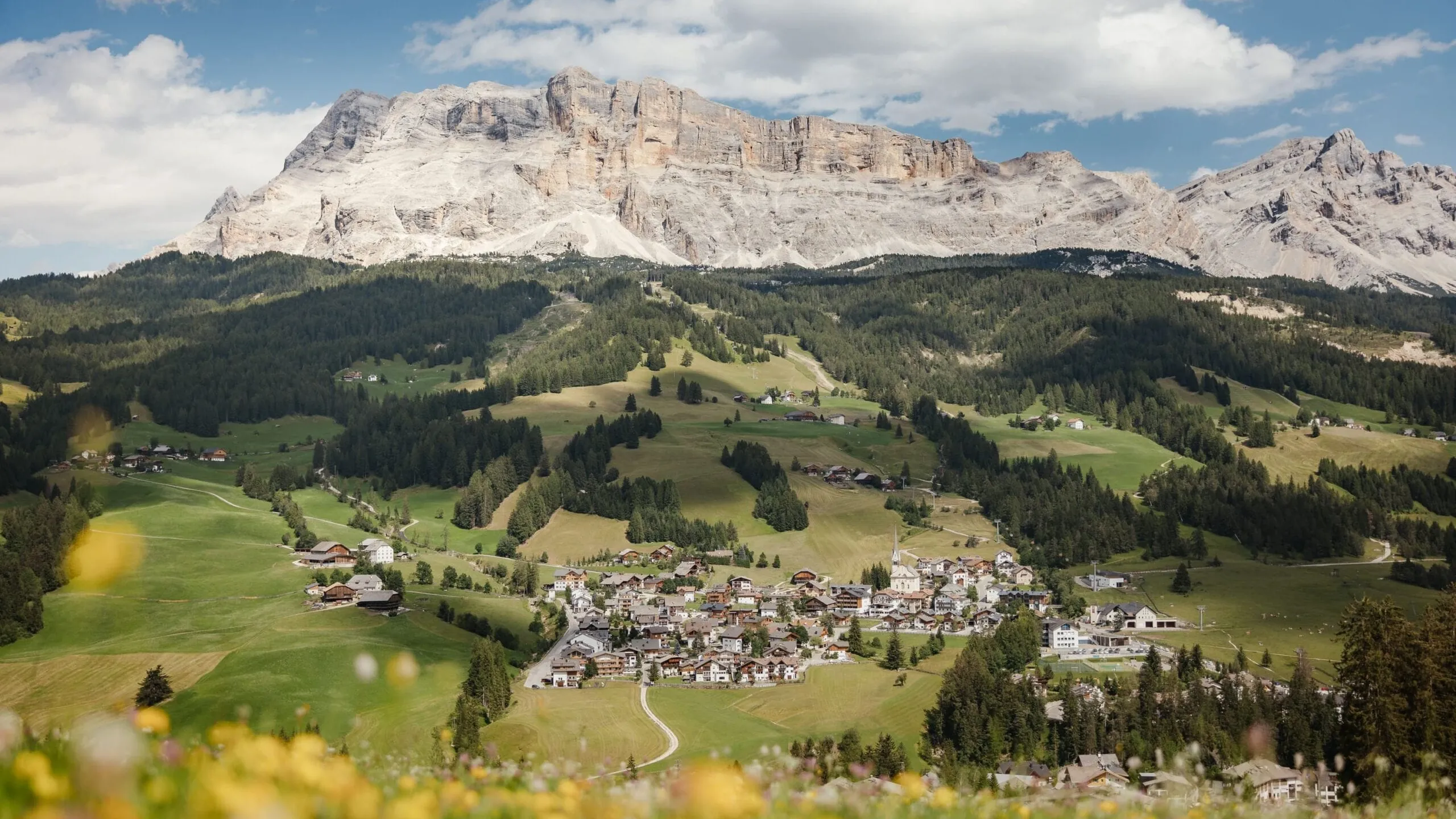 Alta Badia Dolomiten: grünes Tal mit Dorf, Hügeln und Wäldern; imposante Gipfel im Hintergrund, bunte Blumen im Vordergrund.